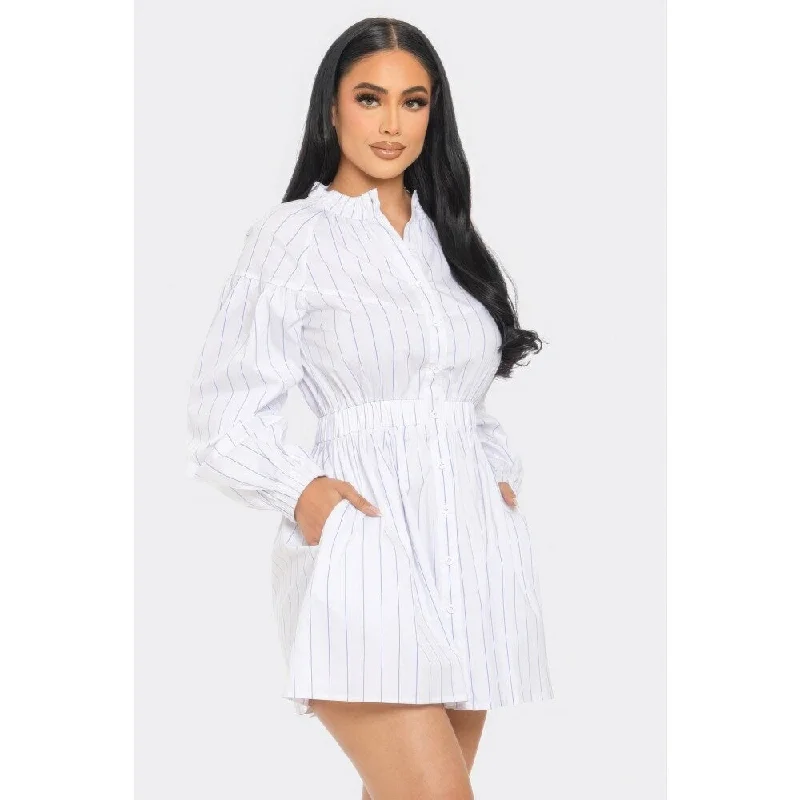 Exquisite Tailoring White Striped Mini Dress with Long Sleeves and Playful Dolphin Hem