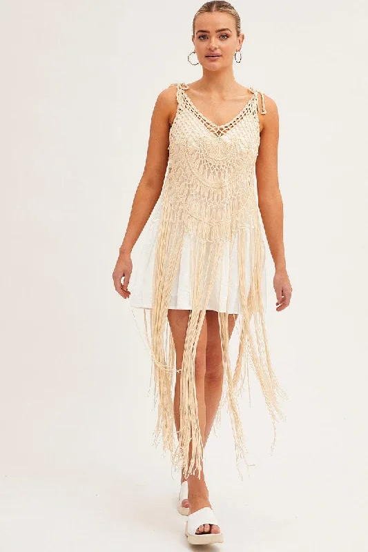 Layered Comfort Beige Crochet Beach Pullover Dress Cover Up