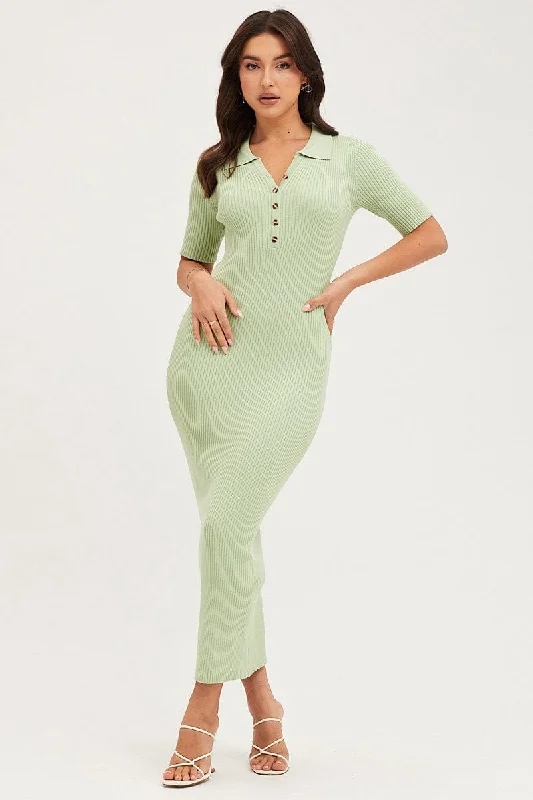 Lively And Youthful Green Button Front Bodycon Knit Dress