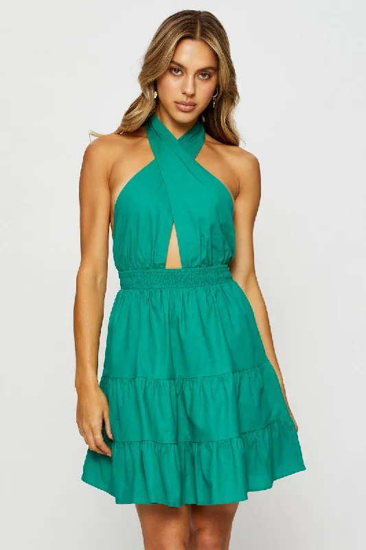 Cool Style Green Mini Dress Halter Neck Linen