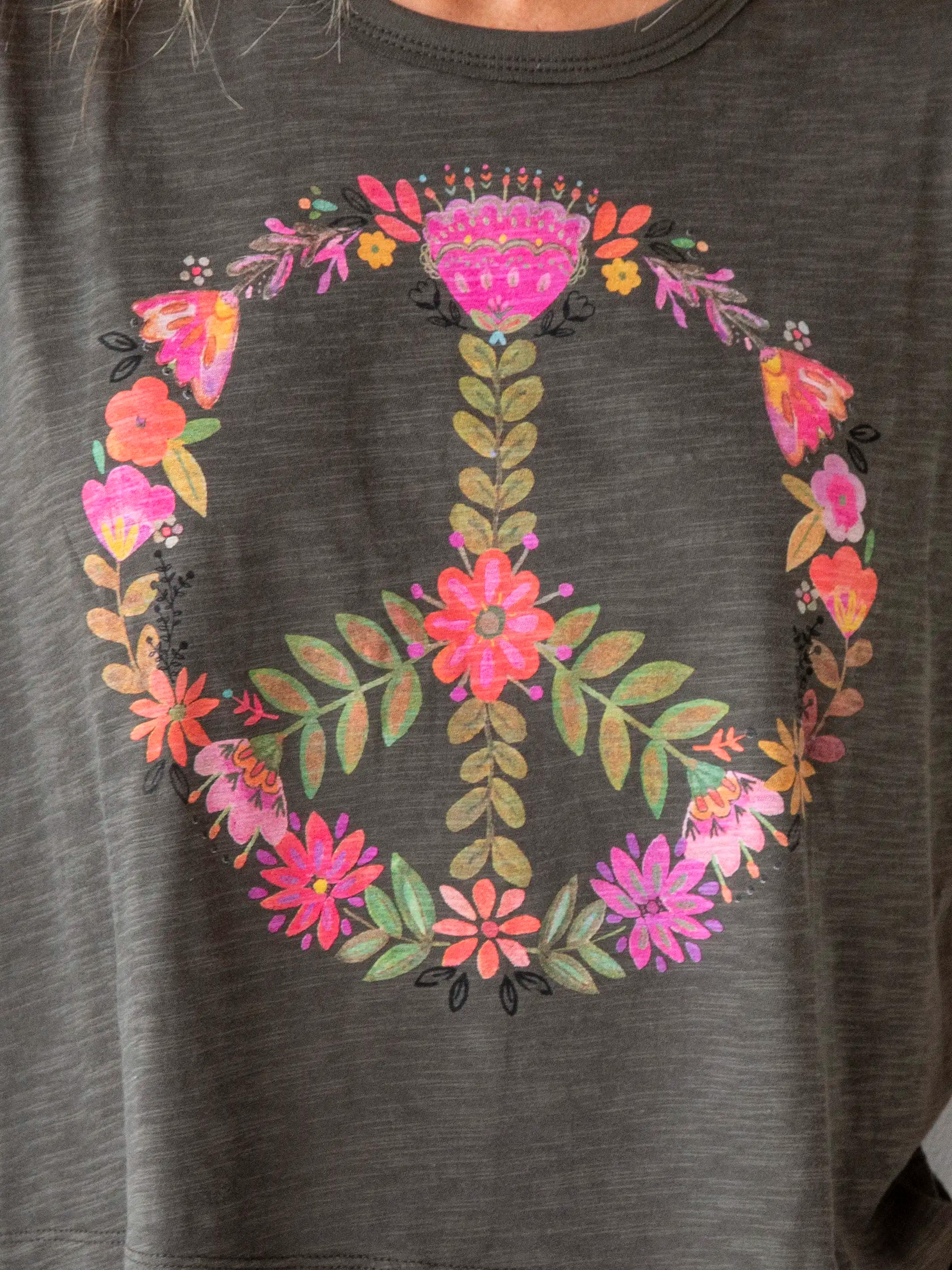 Street Charm Frankie Cotton Boxy Tee Shirt - Charcoal Peace Sign