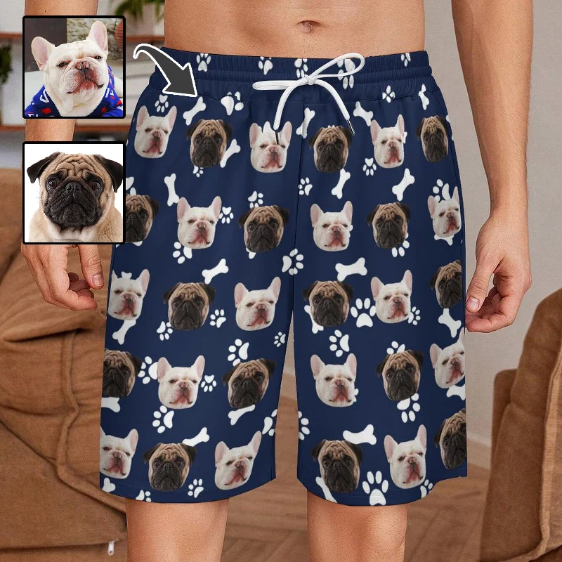 Diamond Series Custom Face Paw and Bone Pattern Navy Men's Short Sweatpants