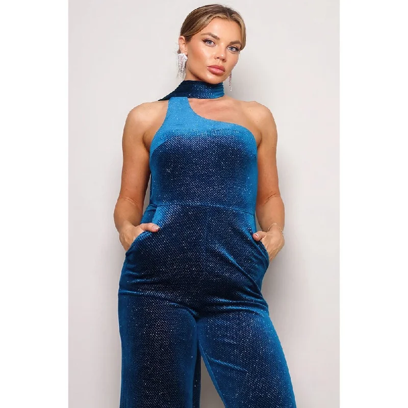Exquisite Details Teal Polyester Scarf Top Glitter Velvet Jumpsuit