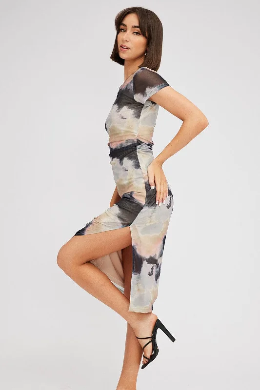 Fashionable And Fashionable Brown Abstract Midi Dress Short Sleeve Bodycon Mesh