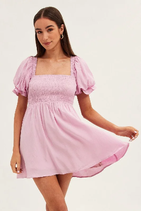 Trendy Wear Pink Skater Dress Square Neck Short Sleeve