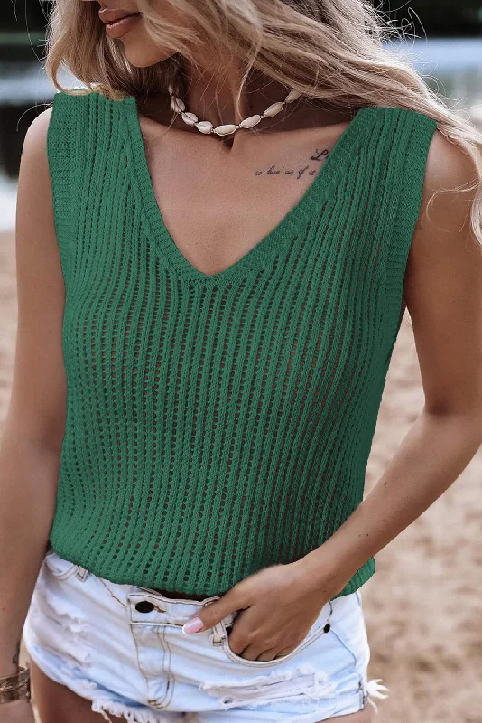 Fresh And Capable White Hollowed Knit V Neck Tank Top