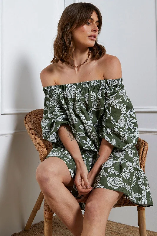 New Season Series Print Mini Dress Off Shoulder