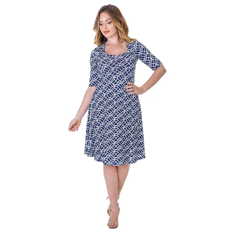 Fashion Must-have 24seven Comfort Apparel Womens Navy Geometric Print Knee Length Elbow Sleeve Dress Fashion Must-have 24seven Comfort Apparel Womens Navy Geometric Print Knee Length Elbow Sleeve Dress