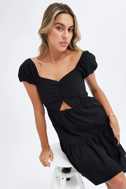 Trendy Comfort Black Puff Sleeve Cut Out Skater Dress
