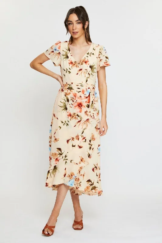 High-end Fabrics Print Midi Dress Short Sleeve V Neck