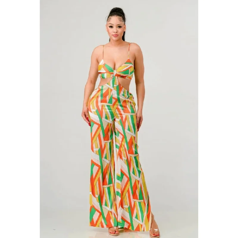 Cozy Outfit Luxe geo print satin bra top and palazzo jumpsuit