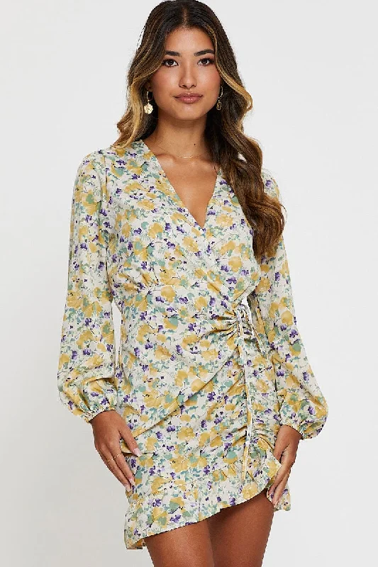 Black And White Style Print Mini Dress Long Sleeve Bodycon