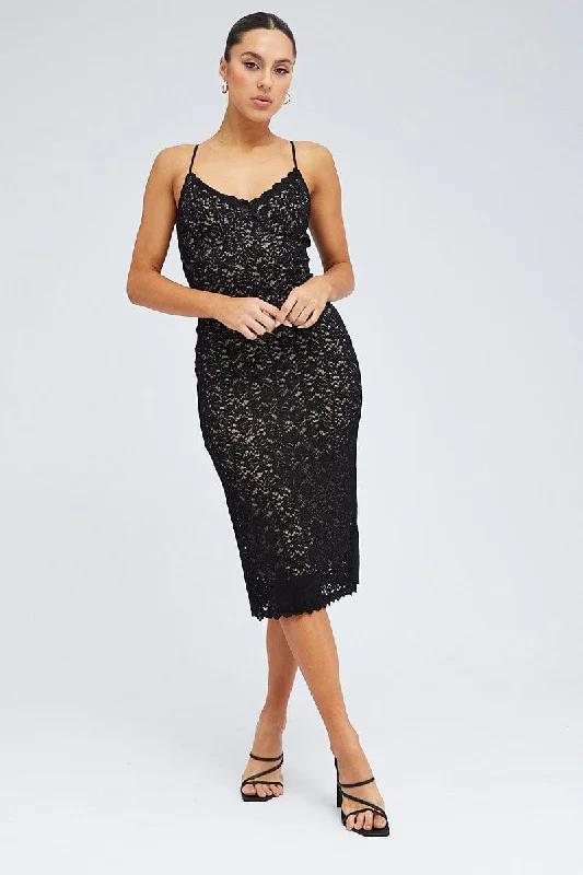 Sports Trend Black Midi Dress Sleeveless V-Neck Bodycon Lace Stretch