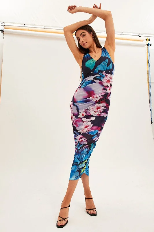 Relaxed Chic Blue Printed Dress Butterfly And Flower Ruched Bodycon