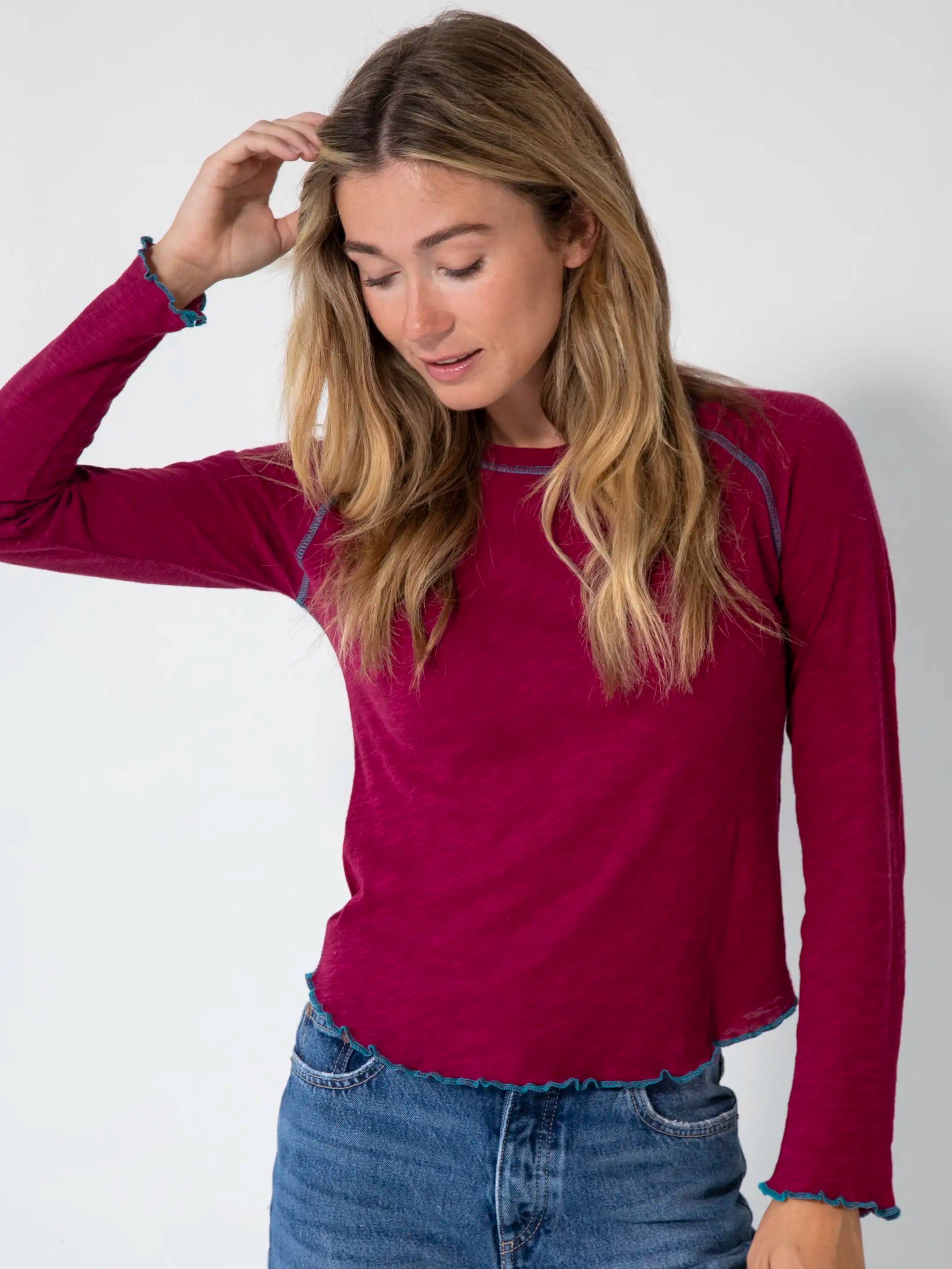 Celebrity Style Lily Cotton Long Sleeve Tee Shirt - Cranberry