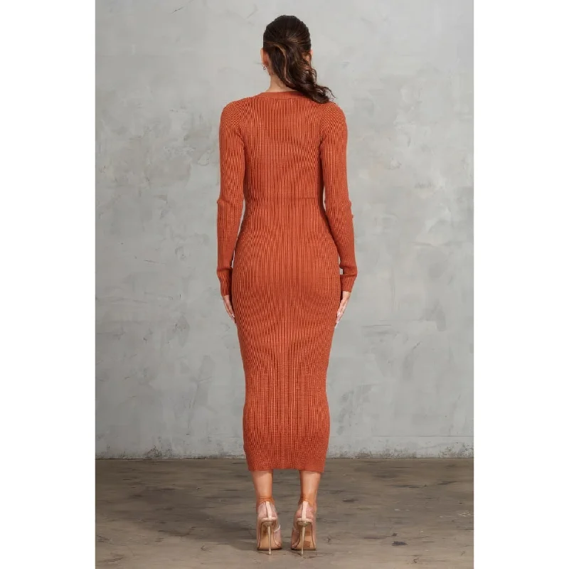 Celebrity Style Cognac Ribbed Midi Dress, Long Sleeves with Thumbhole