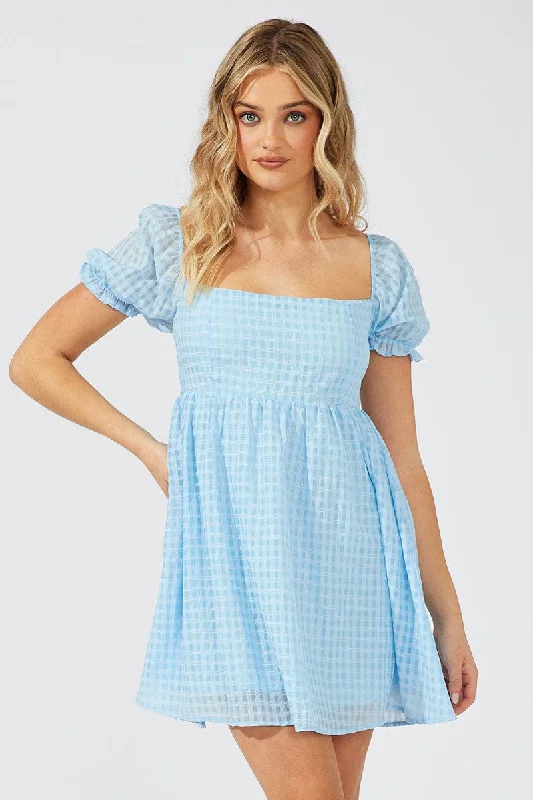 Embroidery Design Blue Fit and Flare Dress Short Sleeve