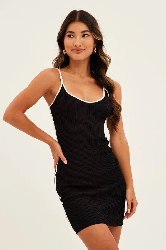 Chic Outfits Black Mini Dress Sleeveless V Neck Knit Contrast Bind