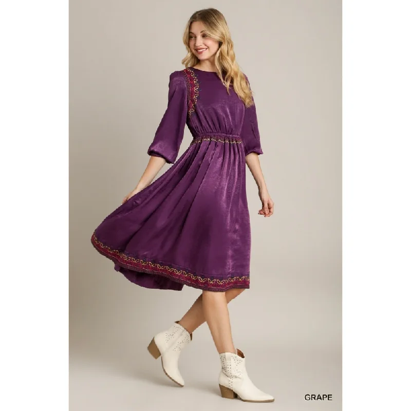 Cozy Outerwear Satin Round Neck Embroidery Midi Dress with Elastic Waistband
