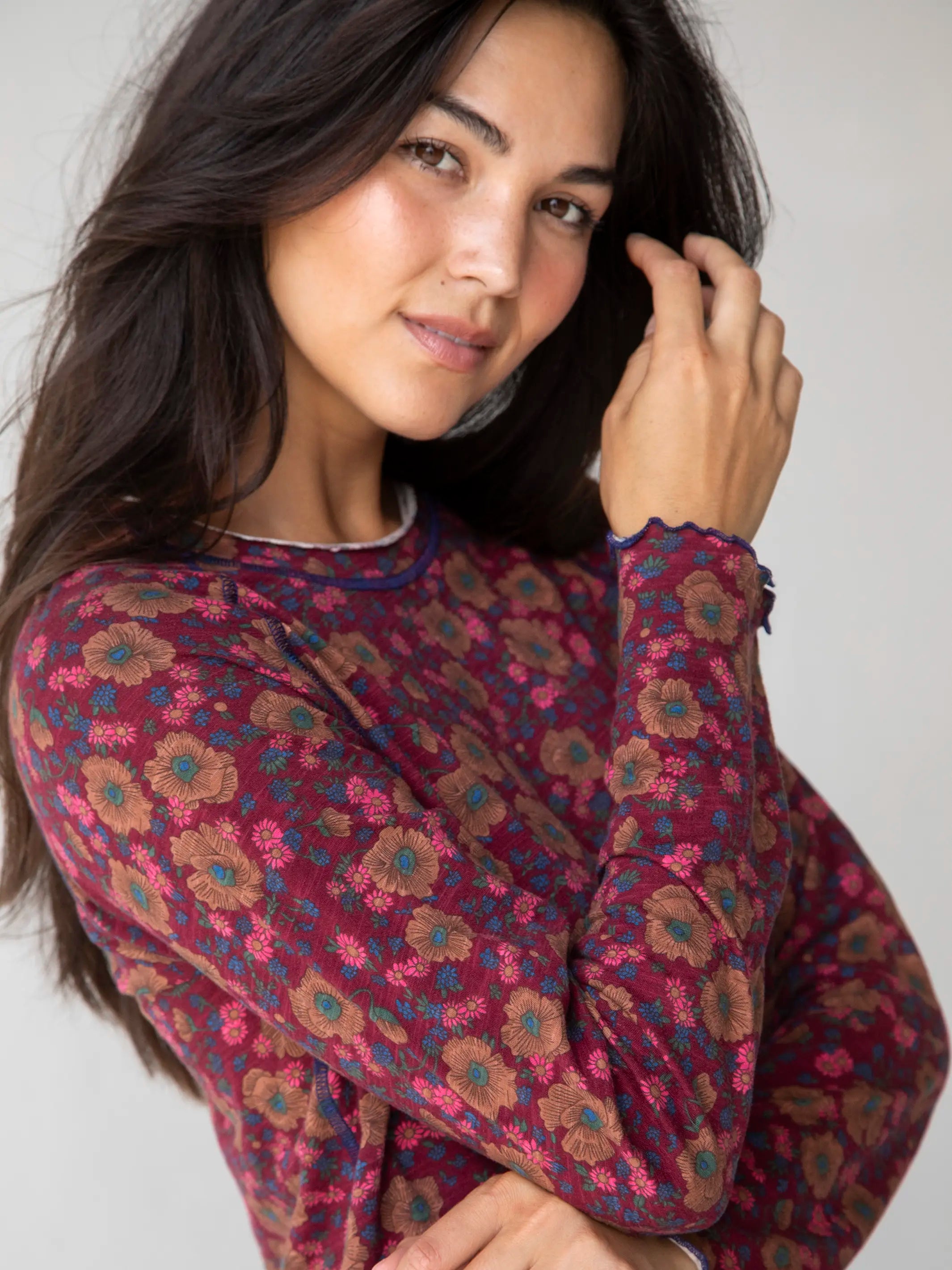 Fashion Expert Lily Cotton Long Sleeve Tee Shirt - Cranberry Brown Floral
