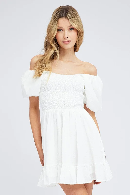 Luxury Customization White Fit And Flare Dress Shirred Bust Mini