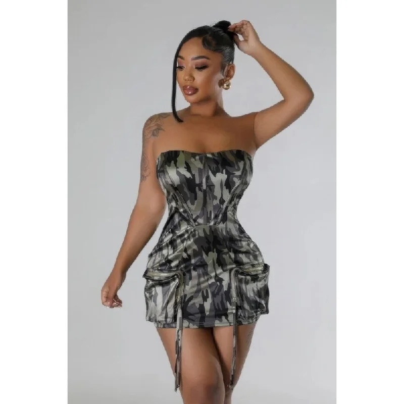 Retro Design Camouflage Stretch Tube Dress with Zipper Closure