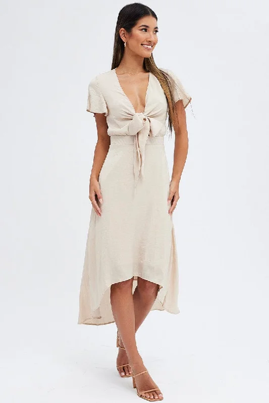 Smart Comfort Beige Midi Dress Short Sleeve Tie Back Satin