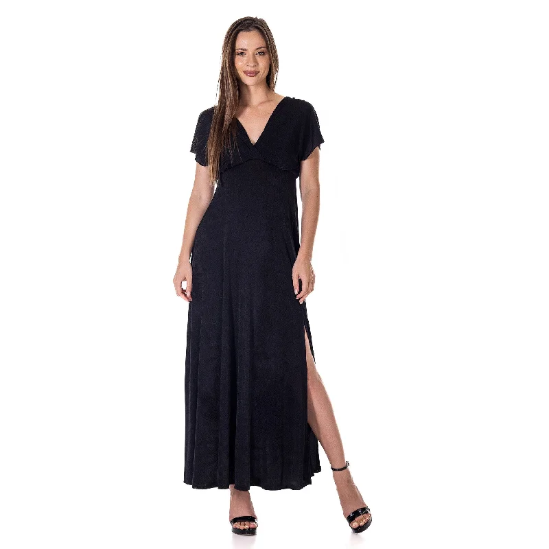 Soft Fashion 24seven Comfort Apparel Womens Flutter Sleeve Metallic Knit Maxi Dress Front Slit Empire Waist Soft Fashion 24seven Comfort Apparel Womens Flutter Sleeve Metallic Knit Maxi Dress Front Slit Empire Waist