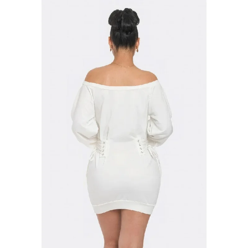 Youthful Style Off Shoulder Puff Sleeves Side Lace Up Detail Mini Dress
