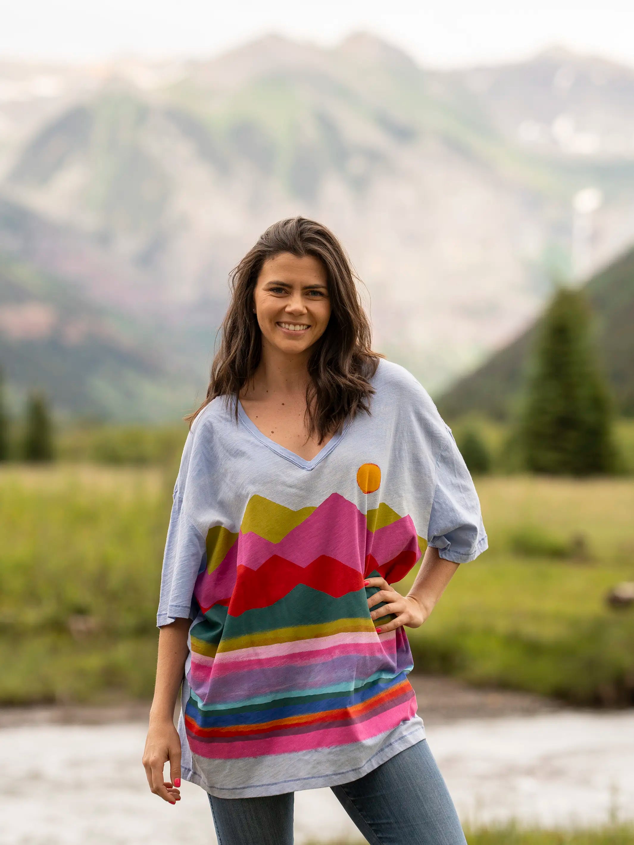 Dessert Matching One Size Cotton Easy V-Neck Tee - Periwinkle Mountain Range