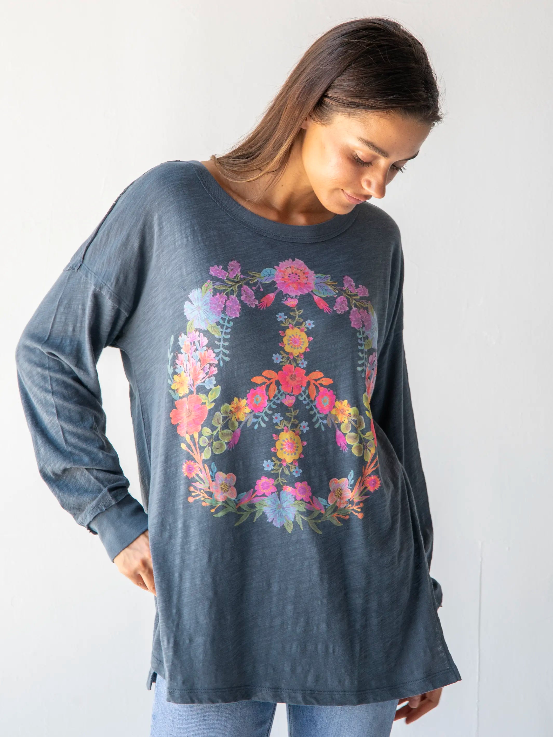 Fashionable Prints Arden Long Sleeve Cotton Tee Shirt - Indigo Peace Sign