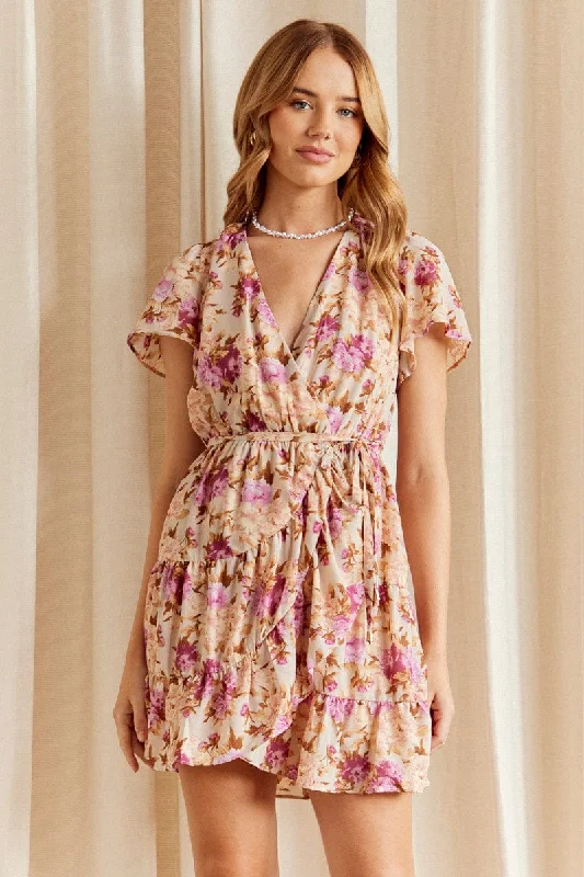 Urban Comfort Pink Floral Fit And Flare Dress Short Sleeve Wrap Chiffon