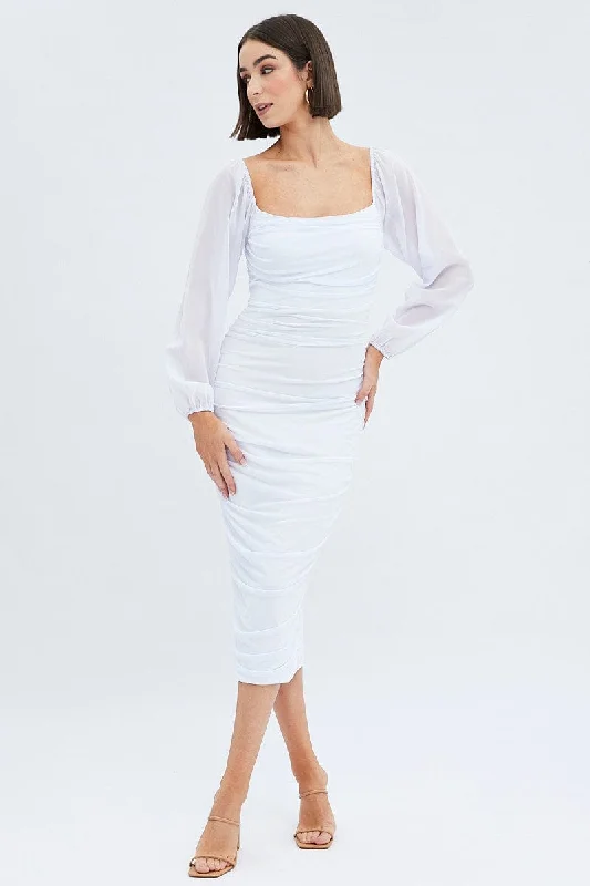 Luxury Classic White Midi Dress Long Sleeve Square Neck Ruched Bodycon