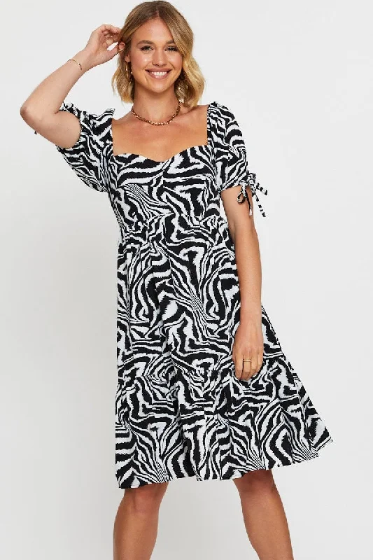 Retro Style Print Midi Dress Short Sleeve