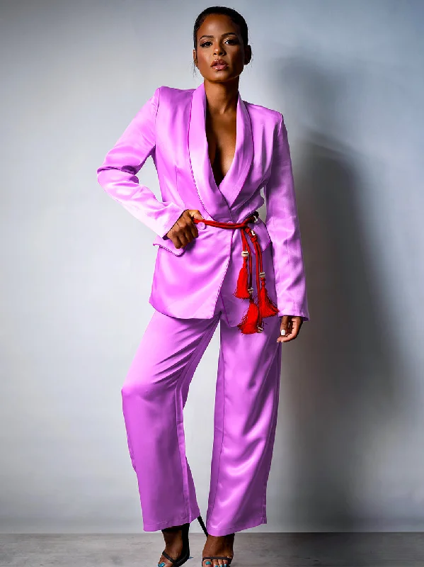 Fashionable And Fashionable DALIDA Double-breasted Satin Blazer + Pants Matching Set in Pink