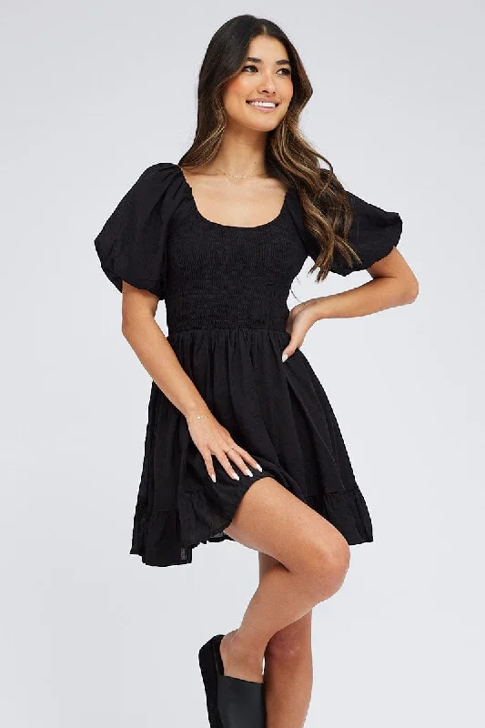Versatile Items Black Fit And Flare Dress Shirred Bust Mini