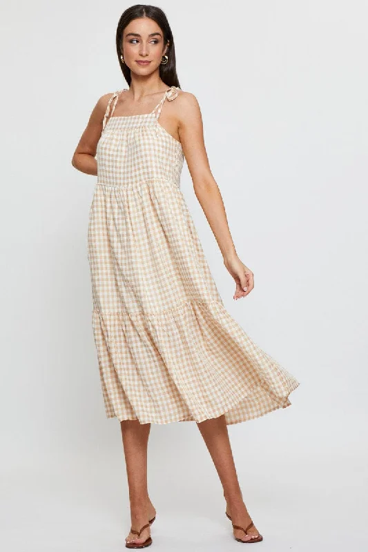 Modern City Check Midi Dress Sleeveless Tie Shoulder