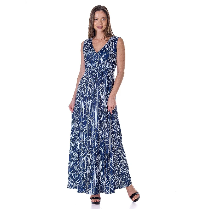 Casual Choice 24seven Comfort Apparel Womens Navy Abstract Print V Neck Empire Waist Sleeveless Maxi Dress Casual Choice 24seven Comfort Apparel Womens Navy Abstract Print V Neck Empire Waist Sleeveless Maxi Dress