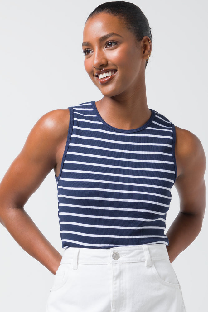 Simple Style Stripe Rib Cotton Spandex Vest Navy