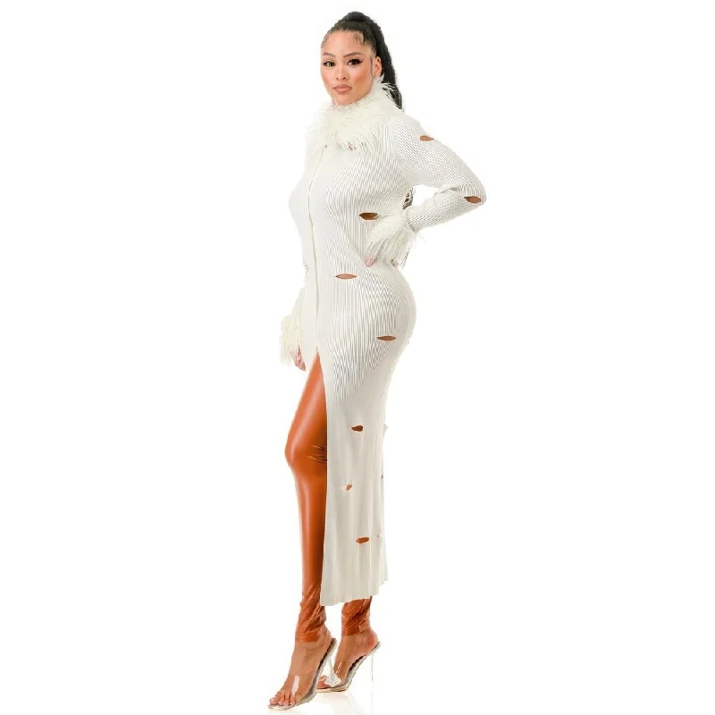 Breezy Style Long Sleeves White Collared Neckline Cardigan Dress With Mid Way Front Zipper Breezy Style Long Sleeves White Collared Neckline Cardigan Dress With Mid Way Front Zipper