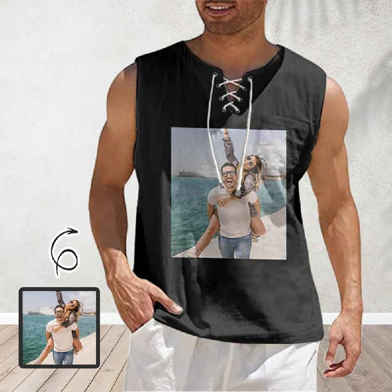 British Style Custom Photo Men Lace Up Front Tank Top Mens Printing Digital 3D Printing With Sleeveless Top T Shirt Vest