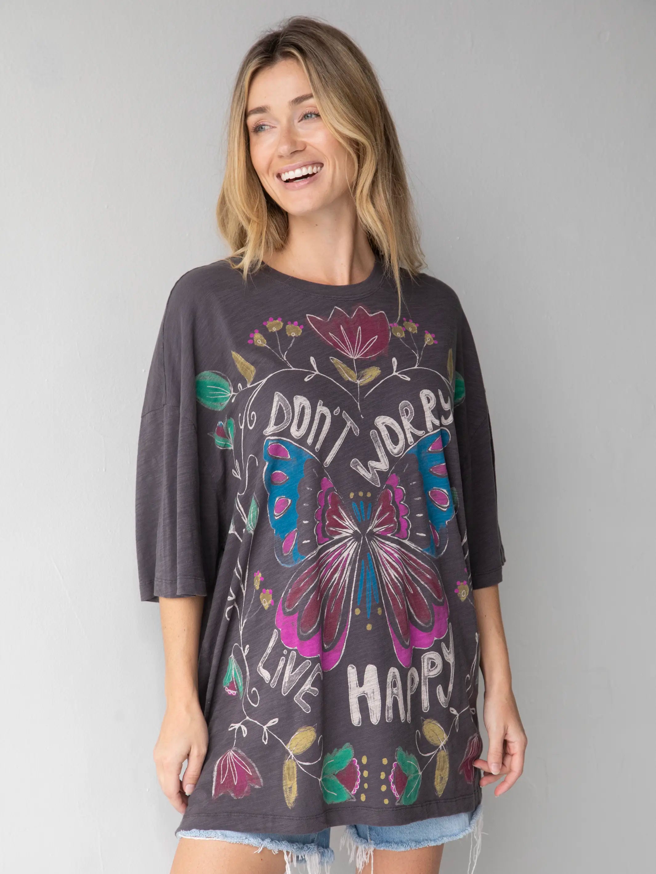 Urban Design Sense One Size Cotton Easy Tee - Don't Worry Live Happy Charcoal