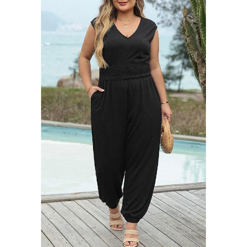 Fresh And Fashionable Novalee Plus Smocked High Waist Sleeveless V Neck Jumpsuit