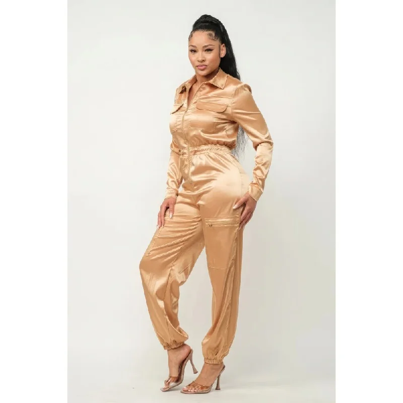 Personalized Wear Front Zipper Pockets Top And Pants Jumpsuit