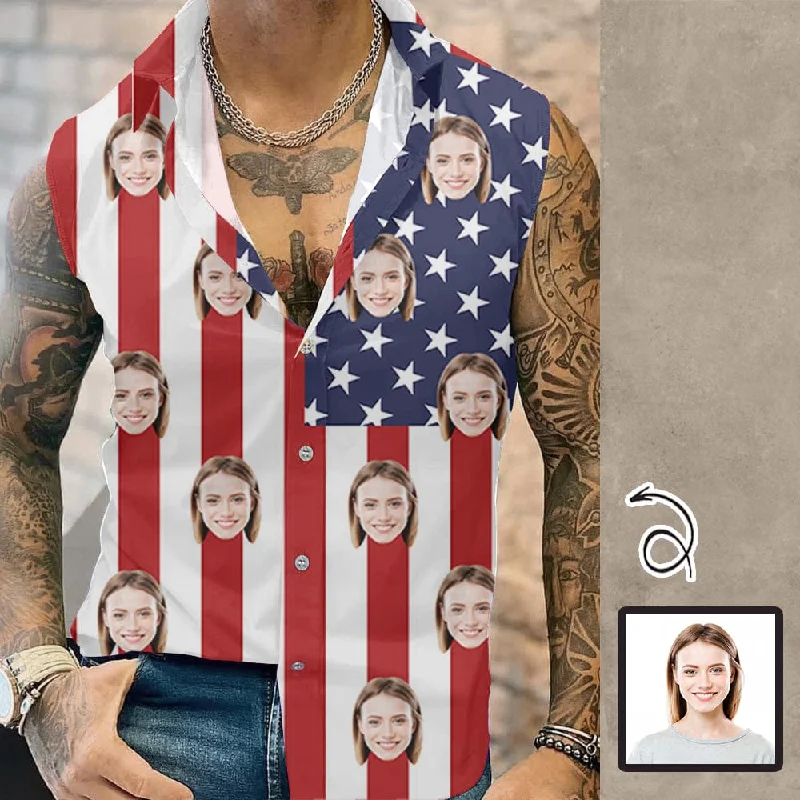 Warm Atmosphere Custom Face American Flag Style Mens Sleeveless Button Down Shirts Summer Beach Basic Hawaiian Shirts Clothing Warm Atmosphere Custom Face American Flag Style Mens Sleeveless Button Down Shirts Summer Beach Basic Hawaiian Shirts Clothing