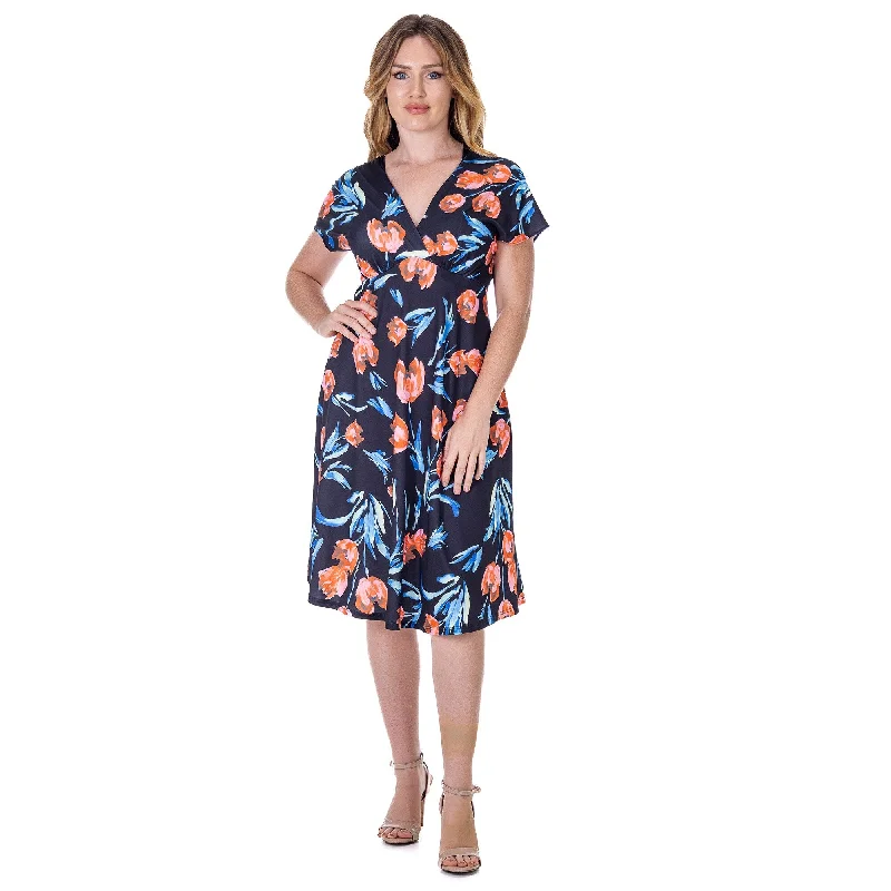 New Design 24seven Comfort Apparel Womens Tulip Print V Neck Empire Waist Kimono Cap Sleeve Knee Length Dress New Design 24seven Comfort Apparel Womens Tulip Print V Neck Empire Waist Kimono Cap Sleeve Knee Length Dress
