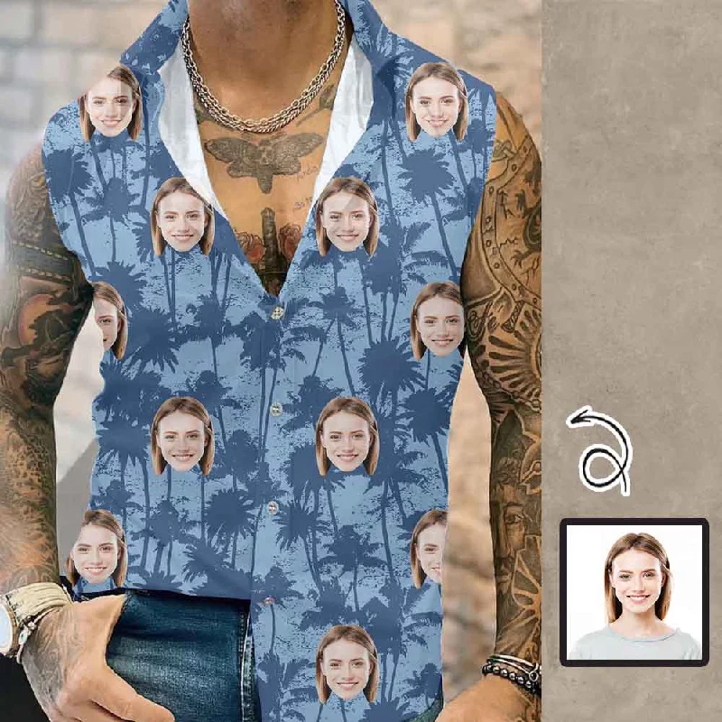 European And American Style Custom Face Blue Coconut Mens Sleeveless Button Down Shirts Summer Beach Basic Hawaiian Shirts Clothing European And American Style Custom Face Blue Coconut Mens Sleeveless Button Down Shirts Summer Beach Basic Hawaiian Shirts Clothing