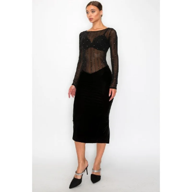 Classic Choice Long Sleeves Black Velvet Sheer Contrast Holiday Midi Dress