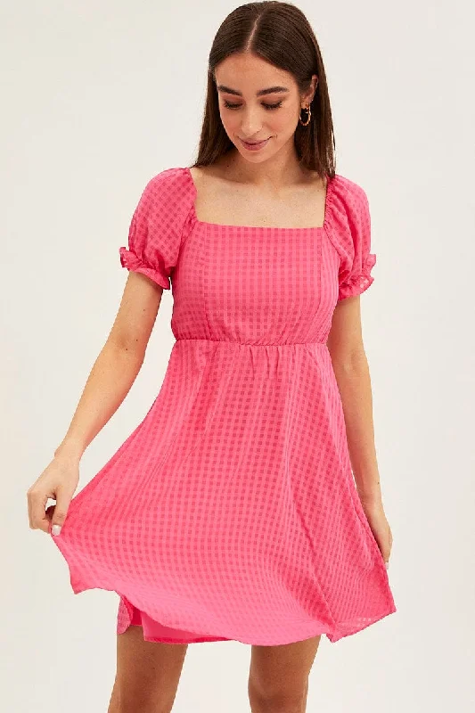 Classic Style Pink Square Neck Puff Sleeve Skater Dress