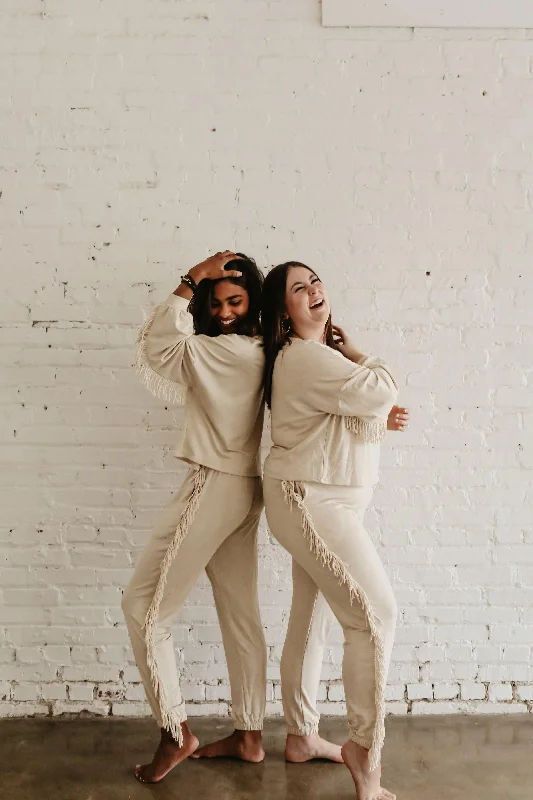 Boutique Recommendation Fun In Fringe- Oatmeal w/ Fringe Detail {Top or Pants} Lounge Set